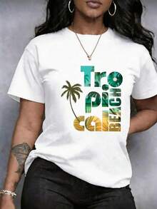 Women's T-Shirt With All-Over Letter Print, Palm Tree And Beach Texture, Round Neck, Short Sleeve, Urban, Casual Round Neck Clothing, In A  Retro Urban Style, For Casual Wear, Daily Wear, Dates Or Casual Wear, Comfortable, Soft, Breathable Clothing, Breathable, Washable, Comfortable And Breathable - 白色 - 查看 11
