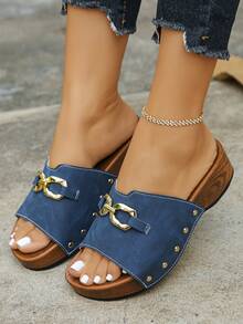 Vintage Distressed Faux Wood Grain Blue Platform Sandals, Rivet Decor Chunky Heel Slip-On Matte Finish Women Slides - Blue Frosted - View 3