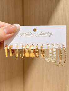12/48pcs Gold Earring Set, Twisted Earrings, Faux Pearl Decor, Fashion Layered Earring Set, Casual Wear, Perfect Memorial Gift - Gold - View 10