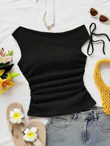 Blusa de punto con textura de burbujas de color albaricoque, con hombros asimétricos y cintura anudada, de corte ajustado, adecuada para fiesta, cita, paseo por la ciudad, viaje por carretera, playa de verano - Negro - Ver 1