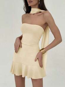 Vestido mini de mujer de unicolor con diseño de cinta y cuello halter - Beis - Ver 3