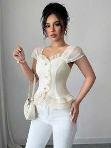 Blusa elegante de manga corta con diseño de botones y volantes en unicolor para mujer - Albaricoque - Ver 6