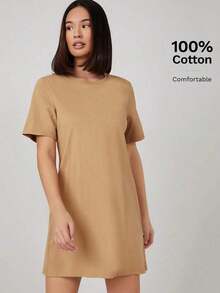 Vestido corto de mujer de unicolor para uso casual, diario y de fiesta - Caqui - Ver 6
