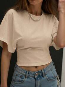 Camiseta blanca casual de mujer de cuello redondo y manga corta, holgada - Beis - Ver 2