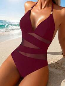 Swim Lushore Traje de baño de una pieza sexy para mujer con decoración metálica, diseño de escote en V y empalme transparente, adecuado para vacaciones en la playa - Burdeos - Ver 4
