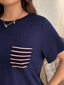 Camiseta casual de talla grande con bolsillo y rayas de contraste, prenda de vestir occidental estilo boho bohemio, top de festival de los 90, verano y primavera - Multicolor 2 - Ver 3