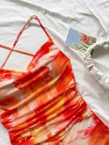 Vestido mini de mujer para vacaciones con tirantes finos, escote pronunciado, espalda descubierta, lazo, bajo estilo sirena, estilo romántico, vestido mini para pausas de té, caminatas al aire libre, citas, atuendo de playa, malla, joven y feme - Naranja - Ver 5