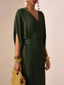 YHHZivah Vestido de lino maxi de manga corta con cuello en V, con cinturón en la cintura, decoración de metal, abertura, fluido, amarillo-verde, para uso en primavera/verano 2026, festivales de música, Pascua, Día de San Patricio, San Valentín, citas, estilo occidental, nómada, fiesta de cumpleaños, graduación, universidad, estudiante, uso diario, versátil básico, casual, vacaciones, crucero, playa, tomar el sol, viral, ropa urbana, invitado de boda bohemio, ir y venir, brunch, aeropuerto, fiesta, salida festiva, atuendo de oficinaYHH - Verde militar - Ver 12