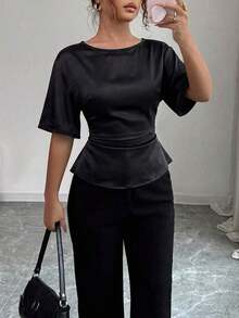 Camisa casual de mujer con ribete de contraste en la cintura y manga corta, para verano - Negro 2 - Ver 3