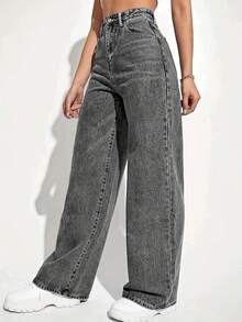 Women's Jeans Section: Women's Horseshoe-Shaped Barrel Jeans, Mid-Waist Wide-Leg Jeans, Loose Fit, Slim Tapered Leg Casual Jeans. - 灰色 - 查看 5