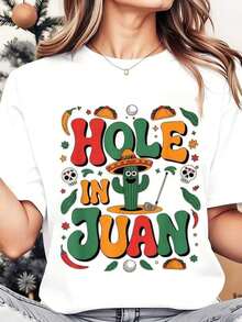 Camiseta de mujer de cuello redondo con estampado de calavera de taco con agujero en Juan Cactus, para uso casual, tema de fiesta mexicana, 220g - Blanco - Ver 2