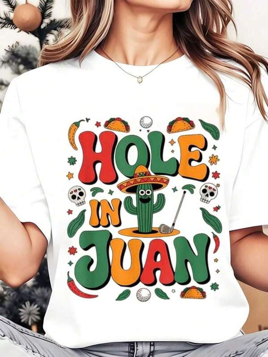 Camiseta de mujer de cuello redondo con estampado de calavera de taco con agujero en Juan Cactus, para uso casual, tema de fiesta mexicana, 220g