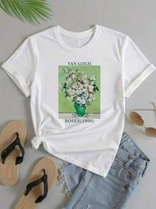 Camiseta de mujer con estampado de lintura de la rosa blanca y el óleo de Van Gogh - Camiseta vintage de artista con cuello redondo y manga corta, de tela cómoda y duradera, adecu para usar en primavera y verano, lavable a máquina. Parte superior gráfica de mujer de verano casual con cuello redondo y manga corta, con estampado del arte de Van Gogh, top i parascua, 4 de julio, Día de la Madre, Día de los Caídos - Blanco - Ver 2