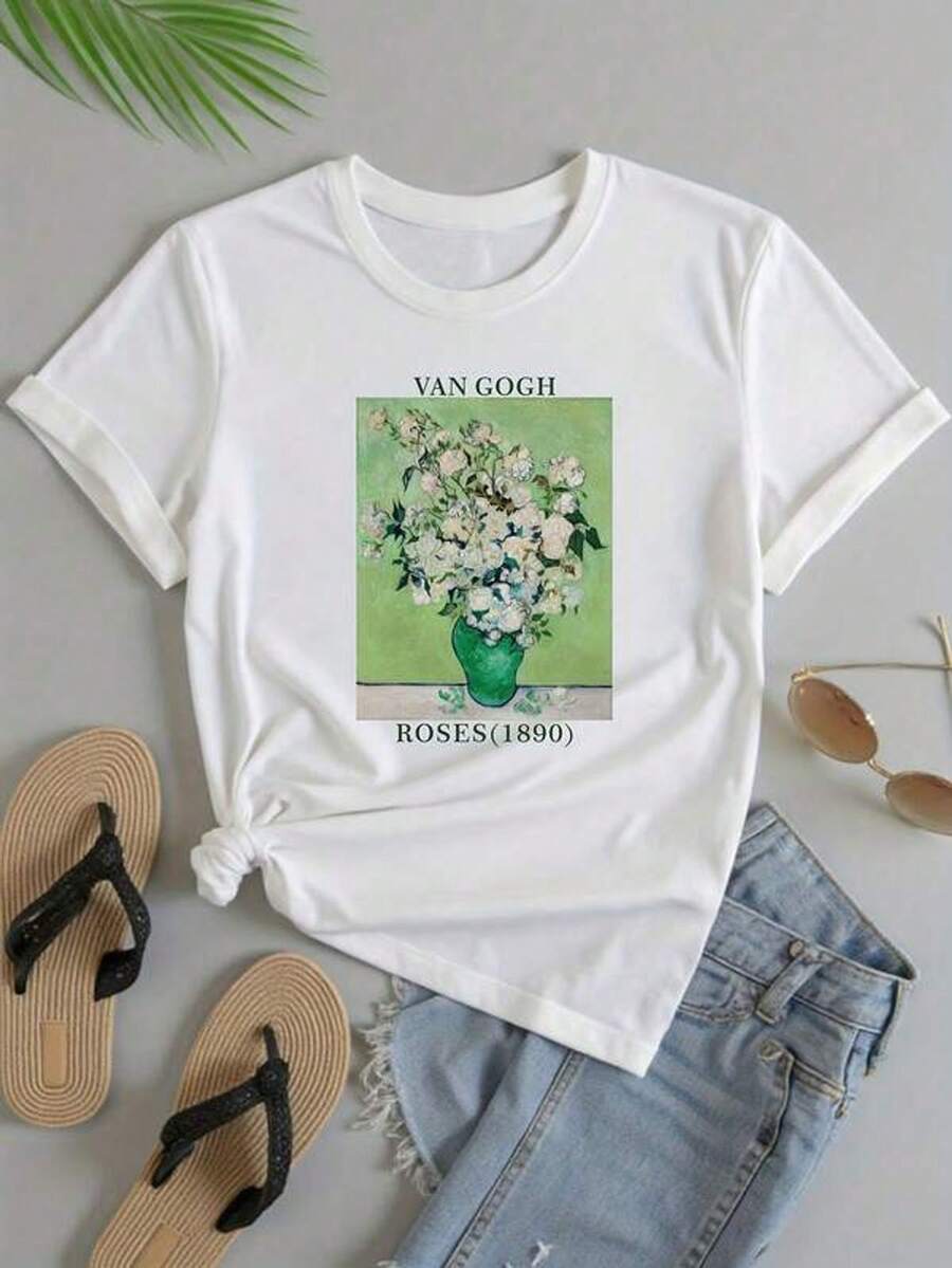 Camiseta de mujer con estampado de lintura de la rosa blanca y el óleo de Van Gogh - Camiseta vintage de artista con cuello redondo y manga corta, de tela cómoda y duradera, adecu para usar en primavera y verano, lavable a máquina. Parte superior gráfica de mujer de verano casual con cuello redondo y manga corta, con estampado del arte de Van Gogh, top i parascua, 4 de julio, Día de la Madre, Día de los Caídos