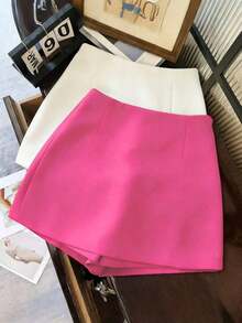Pantalones cortos/falda/culotte/shorts de mujer de tela suave y texturizada de cintura alta con abertura, de uso versátil y casual, para primavera/otoño - Rosa Fucsia - Ver 2