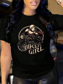 Women's Casual Short Sleeve Crew Neck T-Shirt With Woman Riding A Motorcycle Print, Suitable For Spring, Summer And Autumn. - 黑色 - 查看 1