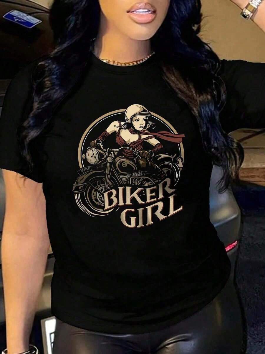 Women's Casual Short Sleeve Crew Neck T-Shirt With Woman Riding A Motorcycle Print, Suitable For Spring, Summer And Autumn. - 黑色 - 查看 1