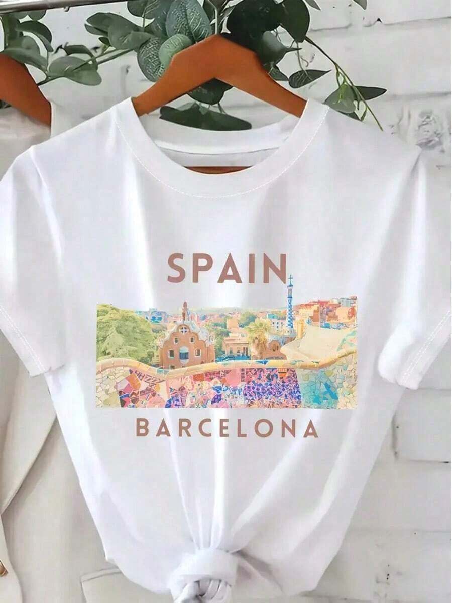 1 Piece Fashion Casual T-Shirt For Men And Women, 100% Cotton, With Graphic Print Of Barcelona, Spain, Short Sleeve And Round Neck - Lightweight Casual T-Shirt For Women, Spring And Summer Clothing, Semi-Sheer Knit Fabric, Machine Washable, Travel Clothes | Barcelona Print | The Shiny Texture Is Versatile, Easy To Match, Suitable For Daily Wear, Urban Style, Vacation Outfits And Weekend Wear. - 白色 - 查看 1