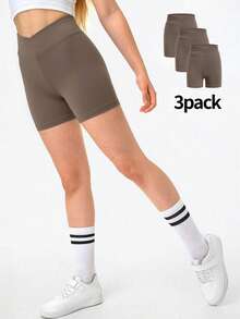 3pcs Girls' Solid Color Knit Casual Sports Shorts (YY783) - Brown - View 3