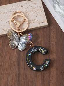 1pc A-Z Black Glitter Letter & Butterfly Keychain, Initial Resin Keyring, Holographic Butterfly Bag Charm, Car Key Accessory, Fashion Aesthetic Gift For Girls - Black - View 16
