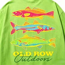 Men's Casual Summer Washed Cotton T-Shirt Old Row Outdoor Fish Print, Round Neck Short Sleeve Lightweight Knitted Fabric, Rib Details 100% Cotton - 純棉淺綠 - 查看 2
