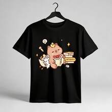 Tops para mujer Casual de Algodón para Mujer, Manga Corta, Cuello Redondo, con Estampado de Dibujos Animados - Negro - Ver 3