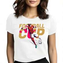 Tops para mujer Casual de Algodón para Mujer con Estampado de Copa de Fútbol, Manga Corta y Cuello Redondo - Blanco - Ver 6