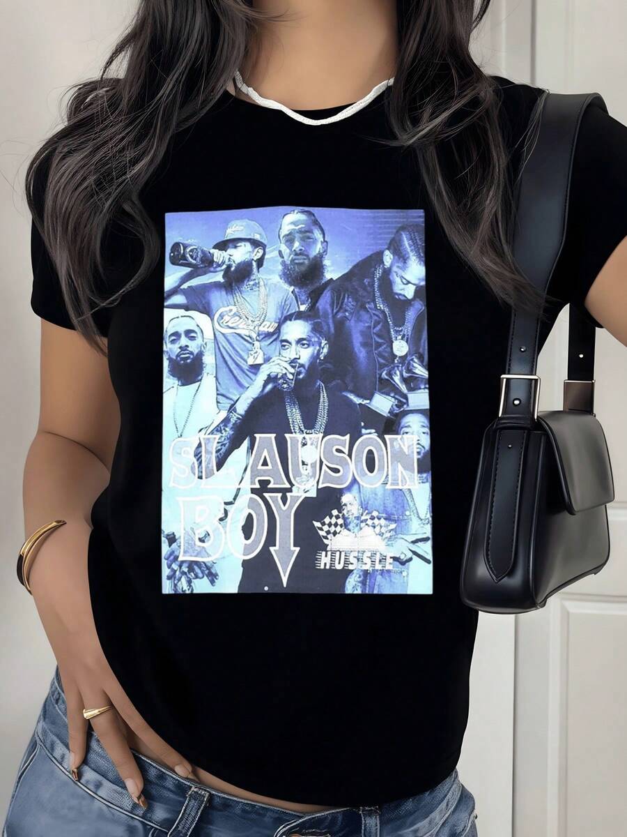Artistic Portrait Of Urban Energy With Emblematic Figures Reflecting Confidence, Passion For Music, And A Spirit Of Overcoming Challenges. Modern, Casual, Comfortable Women's T-Shirt For Everyday Wear. - 黑色 - 查看 1