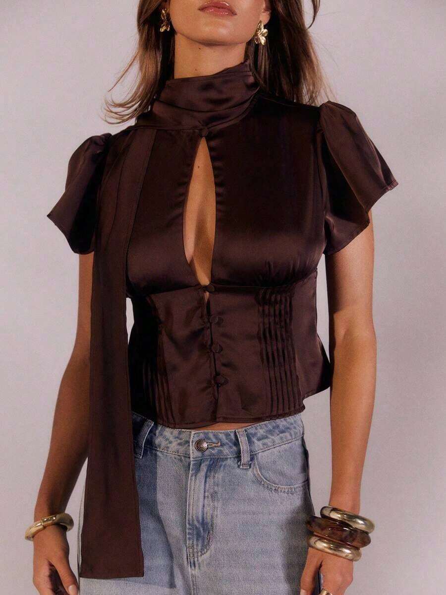 Blusa de satén ligera para mujer con cuello alto, detalle de bufanda, botones delanteros, mangas abullonadas, silueta ajustada, atuendos de verano para salir, blusas lindas, blusas elegantes, blusas de satén, blusa marrón - Café integral - Ver 1