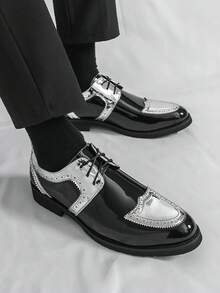 Men's Formal Shoes, Color Block Lace-Up Leather Shoes, British Style Patent Leather Patchwork, Non-Slip Thick Sole, Suitable For Saturday Banquet, Wedding, Groom Wedding Ceremony - Multicolor - View 9