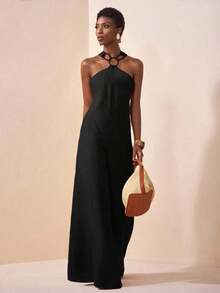 Mono de pierna ancha de unicolor y redondo conectado de moda para mujer - Negro - Ver 4