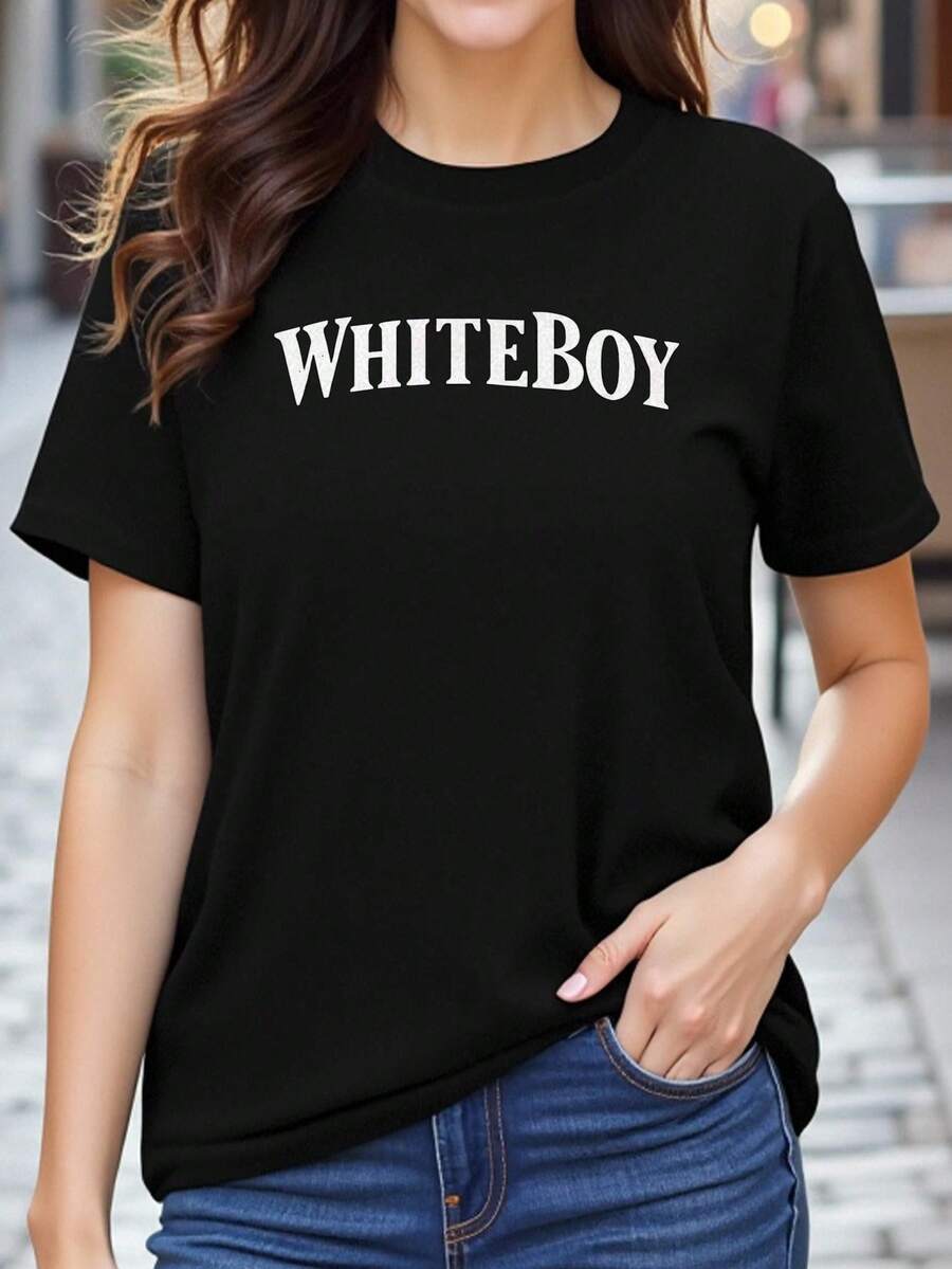Camiseta de mujer de corte holgado con estampado gráfico Whiteboy - Camiseta negra de estilo retro urbano con cuello redondo y letras blancas llamativas, camisa casual para uso diario, cómoda y versátil para todas las estaciones, pieza de estilo minimalista, blanca, artículo de almacén local para mujer, blusa hermosa para mujer, camiseta para mujer, camiseta gráfica para mujer, camiseta para mujer, camisa de mujer, blusa de mujer, top para mujer, ropa de mujer, tops de gimnasio para mujer. - Negro - Ver 1