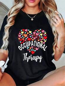 Gift For Occupational Therapists - T-Shirt With Red And Pink Hearts Graphic And OT Lettering, Breathable, Comfortable, Casual, For Everyday Wear, For Therapists, Clinics, Healthcare Workers - Machine Washable, Short Sleeve, Crew Neck, Women's Sports Top - 黑色 - 查看 6