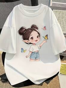 Women's Casual Graphic T-Shirt With Cute Fairy Print, Round Neck, Perfect For Summer Dates, Home, Office, Cafe, With Anime Style Pattern, Ideal Choice For Mother's Day, Easter And Various Holidays. - 白色 - 查看 7