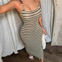 Women's Striped Bodycon Halter Neck Dress For Beach Vacation,Summer ,Spring ,Vacation,Beach , Ibiza, Bodycon Summer Dress, Cruise Dress, Ribbed Dress, Sexy Midi Dress, New Arrivals Dresses, Body Con Dress For Women, Bodycon Midi Dress, Body Fitting Dress - Multicolor - Ver 1
