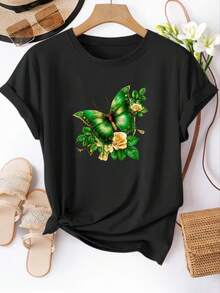 Camiseta de mujer con estampado de mariposas verdes, camiseta de manga corta, top de cuello redondo para mujer, camiseta casual, adecuada para uso diario en primavera/verano, ropa de mujer. - Negro - Ver 1