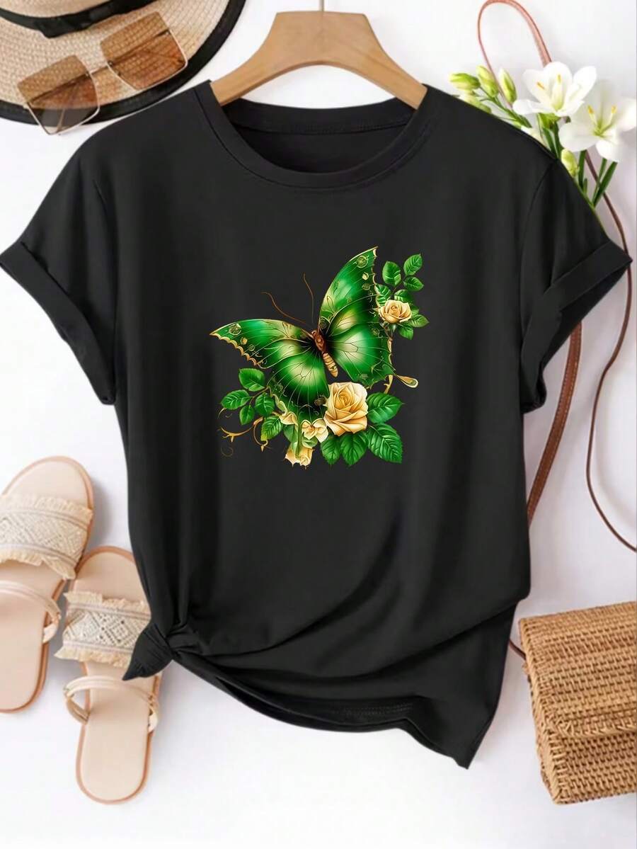 Camiseta de mujer con estampado de mariposas verdes, camiseta de manga corta, top de cuello redondo para mujer, camiseta casual, adecuada para uso diario en primavera/verano, ropa de mujer. - Negro - Ver 1