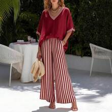 Nuevo 2026 Conjunto Dos Piezas Casual Mujer Cuello en V Top Manga Corta Estampado a Rayas Pantalones Pierna Ancha Corte Holgado - Verde - Ver 4