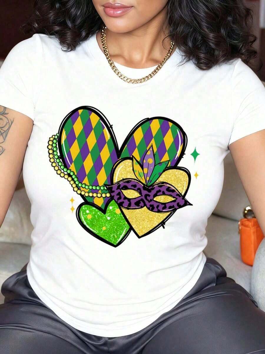 ropa de mujer Camiseta casual de algodón 100% con cuello redondo divertido, estampado, manga corta, diseño de corazón, cuentas y máscara, ideal para fiestas, festivales, o como regalo. camisas de mujer - Blanco - Ver 1