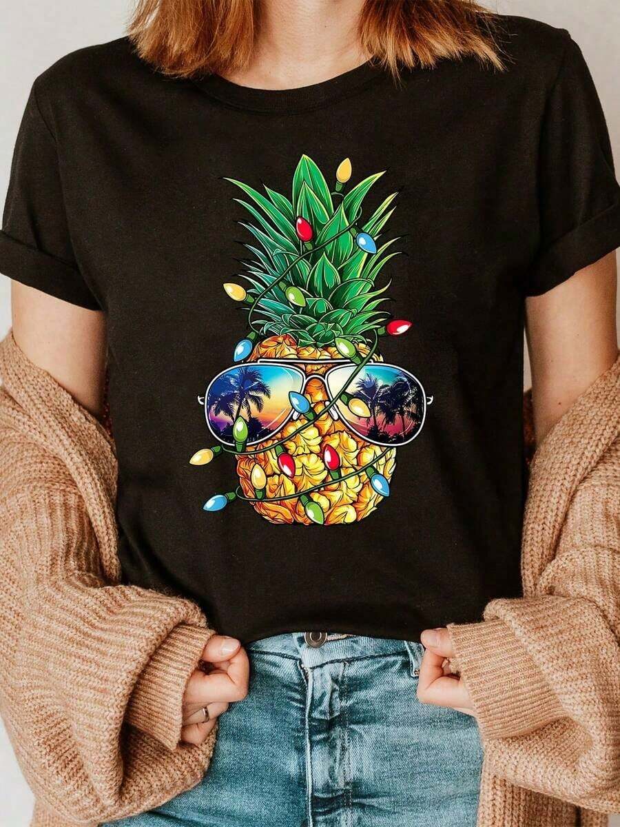 Camiseta Holgada Sencilla Mujer Estilo ModernoCamiseta con Estampado de Piña, Manga Corta, Cuello Redondo, Top Casual para Verano y Primavera, Ropa de MujerCozy Soft Simple Everyday Wear Short Sleeve Top - Negro - Ver 1