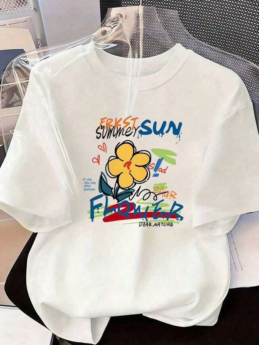 Dibujo Floral Colorido Estilo Street Juvenil, Cuello Redondo, Manga Corta, Estilo Casual, Adecuada para Mujeres en Primavera y Verano, Color Blanco,playeras de mujer,tops 100% Cotton Blusas Bonito - Blanco - Ver 1