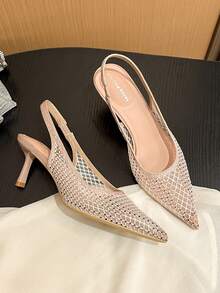 Xin Jing Shoes 新款春夏女士高跟凉鞋,时尚百搭尖头网纱镶钻婚礼派对露趾细高跟鞋 - 卡其色 - 查看 10
