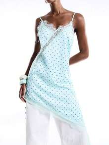 2026 Nuevo vestido minimalista de primavera/verano para mujer, vestido corto de tirantes finos con bajo asimétrico de encaje de contraste de unicolor, azul marino - verde menta - Ver 5