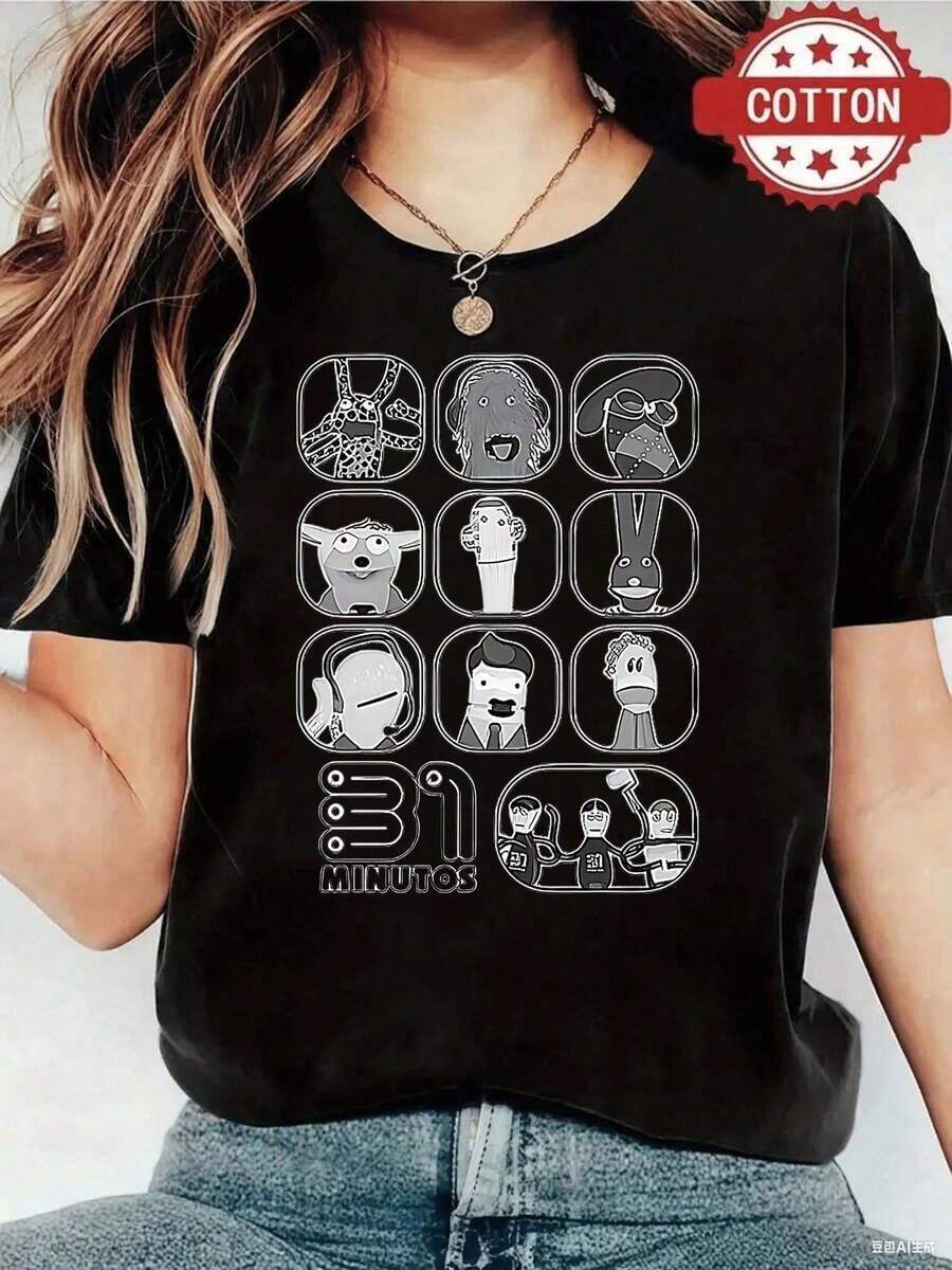 Women's Blouses, Pretty Blouses For Women, Women's Clothing, Women's Outfits, Image 31 Minutos Black And White T-Shirt, Cartoon Character Print Pattern, High-Quality Cotton Print, Round Neck, Basic Loose Fit, Men's And Women's, Breathable, Versatile, Machine Washable, Comfortable, Everyday Casual Sporty Summer Essential - 黑色 - 查看 1