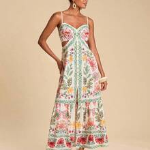 Women's Summer Vacation Floral & Geometric Print Hollow Ruffle Hem Maxi Slip Dress,Summer Beach Outfits, Christmas Party Clothes, New Year Look, Thanksgiving Outfits, Elegant Dresses Party, Tropical Vacation Dress, Garden Party Dress, Wildflower Dress,Christmas Outfit, New Year Clothes, Thanksgiving, Chic Elegant Dress For Party, Luxury Wedding Guest Party Dress,  Cocktail Dress - Rojo - Ver 7