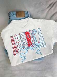 Women's Patriotic Quarter Stripe Day T-Shirt - Red, White, And Blue THANK YOU Lettering With American Flag, Bow, And Stars - Lightweight Crew Neck Short Sleeve Top, Suitable For Quarter Stripe Day Wear And Independence Day Celebrations - Machine Washable. 2026-Vintage Street Style Unisex Loose Cotton Short Sleeve Crew Neck T-Shirt, 100% Pure Cotton - 白色 - 查看 7