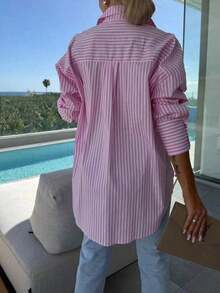 Camisa a rayas de manga larga para mujer talla grande, de corte holgado y casual para uso diario y en la primavera/verano, color rosa - Azul - Ver 9