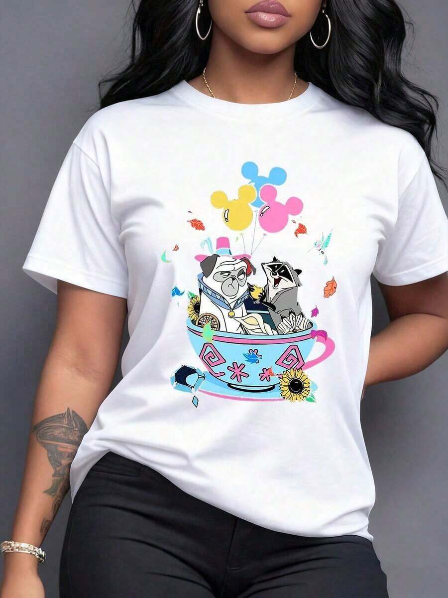 Colorful Mug With Cartoon Dogs Holding Face Balloons Surrounded By Flowers And Leaves Symbolizing Joy And Freedom. Modern Casual Women's T-Shirt, Elegant Women's T-Shirt. - 白色 - 查看 1
