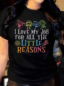 1 Women's T-Shirt With Colorful Seasonal Icons And Vibrant Patterns And Text, Casual Style, Round Neck, Short Sleeve, Perfect As A Birthday Gift, Suitable For Wearing In All Seasons And In Everyday Outdoor Life, 180g, 100% Cotton. - 黑色 - 查看 1