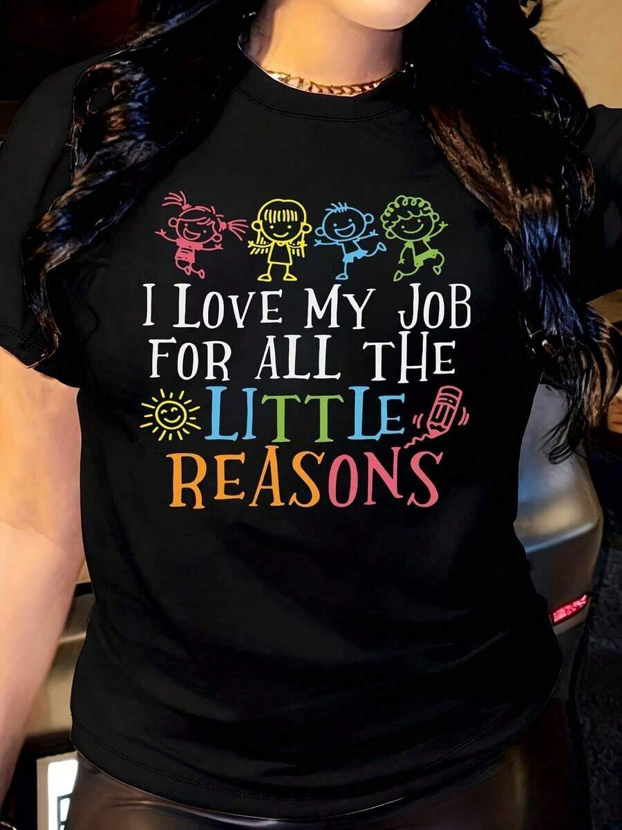 1 Women's T-Shirt With Colorful Seasonal Icons And Vibrant Patterns And Text, Casual Style, Round Neck, Short Sleeve, Perfect As A Birthday Gift, Suitable For Wearing In All Seasons And In Everyday Outdoor Life, 180g, 100% Cotton. - 黑色 - 查看 1